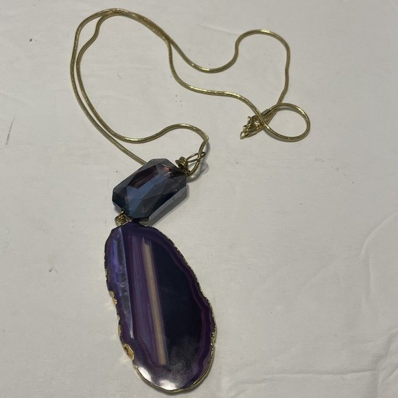 Gold Tone Purple Resin Agate Pendant Necklace 24” Boho Statement - Picture 6 of 7